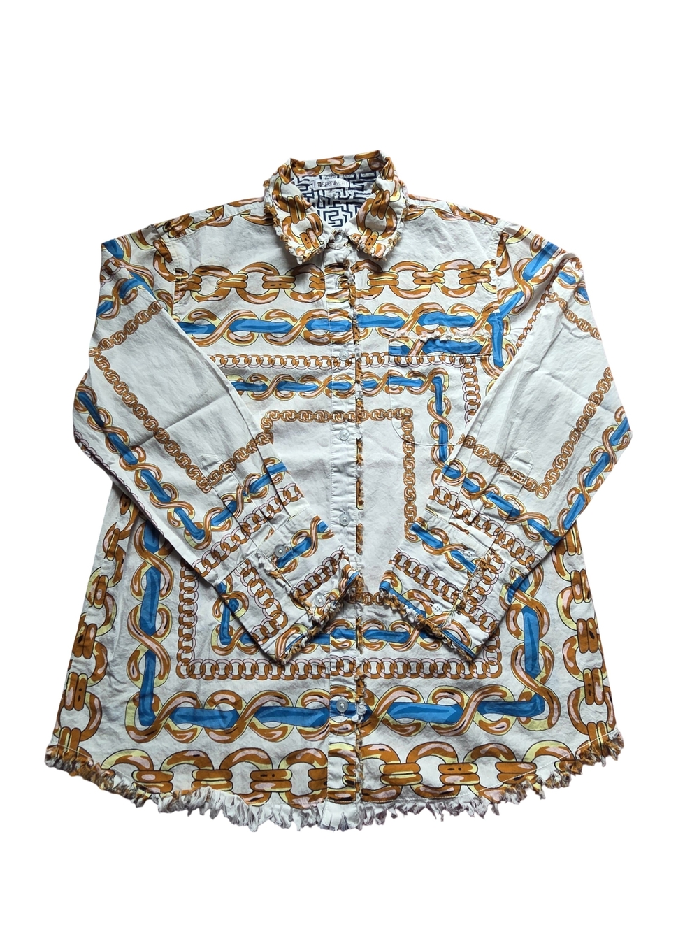 SPANNER White Button-Down Shirt with Gold and Blue Chain Print